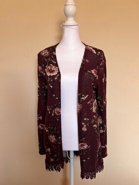 Charlotte Russe Burgundy Floral Open-Front Cardigan